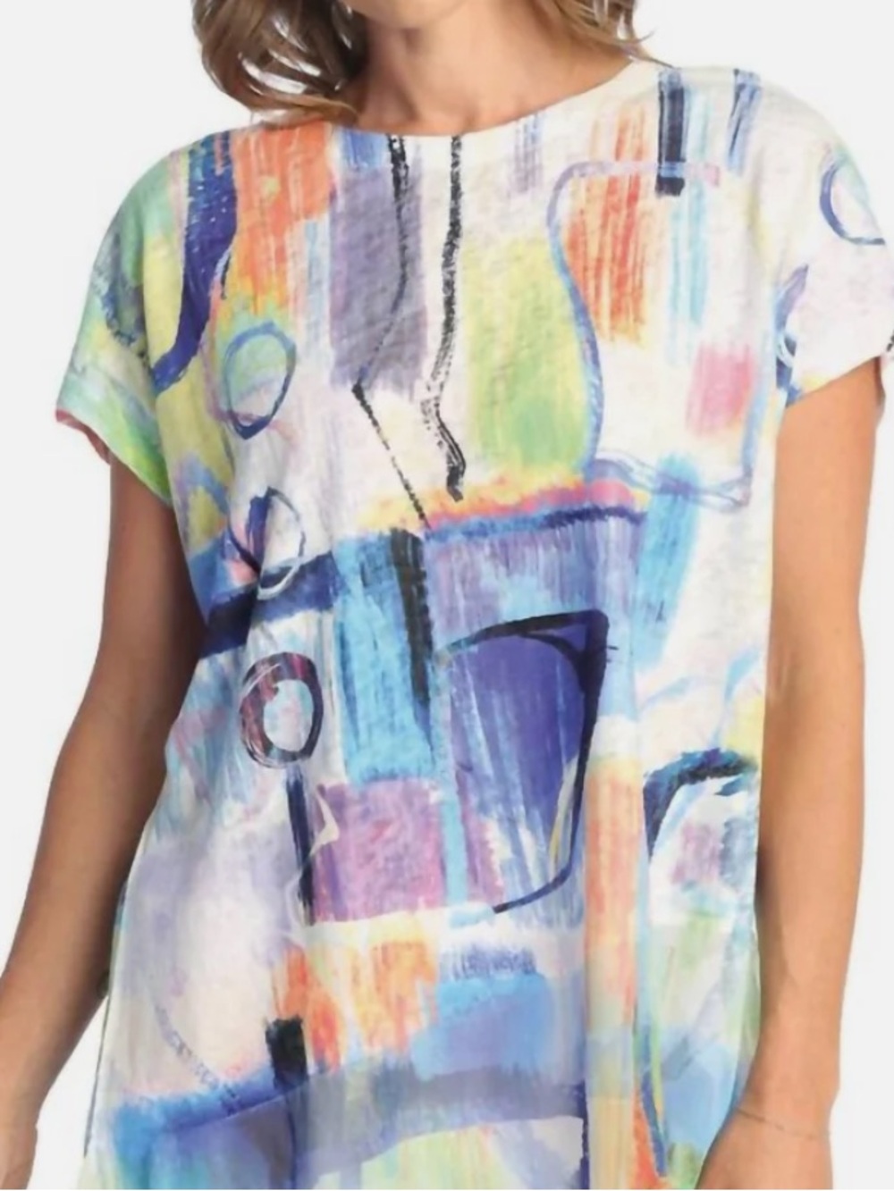 Jess & Jane Bristol Light Knit Asymmetrical Top Blue Abstract Art Print Tunic